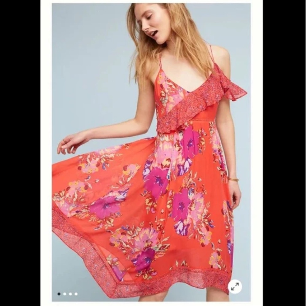 Anthropologie Maeve Grecia Ruffle Crossback Floral Orange Red Summer Sun Dress 8